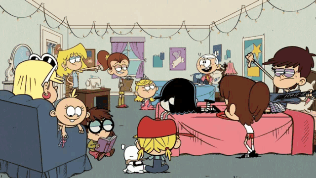 a group of cartoon characters are gathered in a living room
