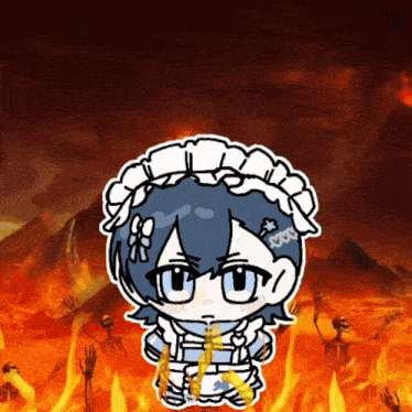 a cartoon drawing of a maid with a flower in her hair is surrounded by fire