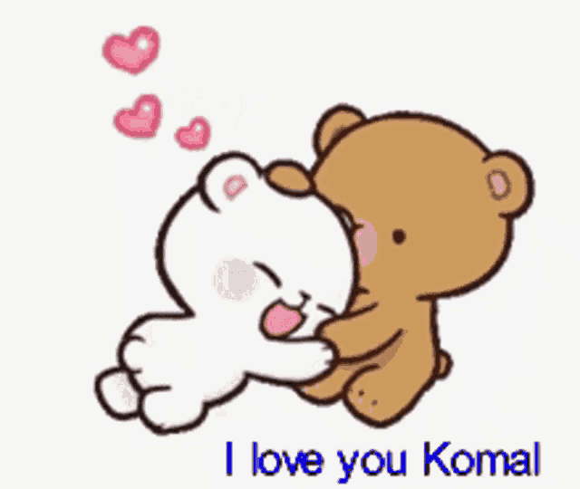 two teddy bears are sitting next to each other with the words " i love you komal " below them .