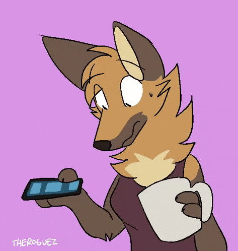 a drawing of a furry character holding a phone and a cup of coffee