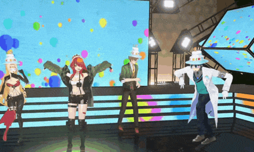 a group of anime characters are dancing in front of a large screen