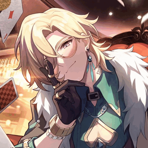 a man with blonde hair and glasses is holding a playing card that says a on it