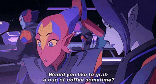 a cartoon character is asking another character if they like to grab a cup of coffee sometime .