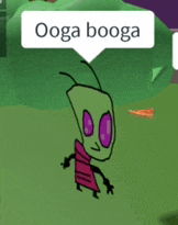 a cartoon character with purple eyes and a speech bubble that says ' ooga booga ' on it .