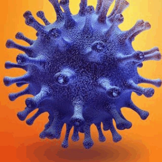 a close up of a blue virus on a orange background .