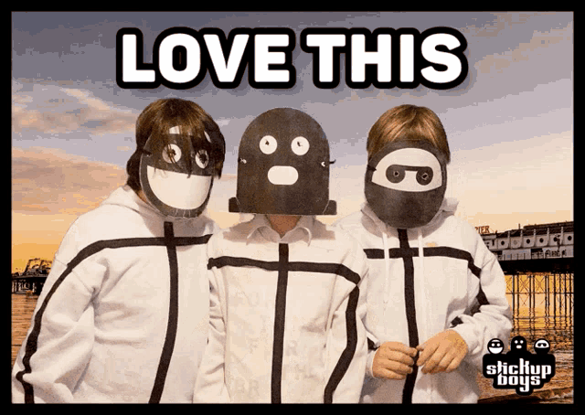 a group of people wearing masks with the words love this on top
