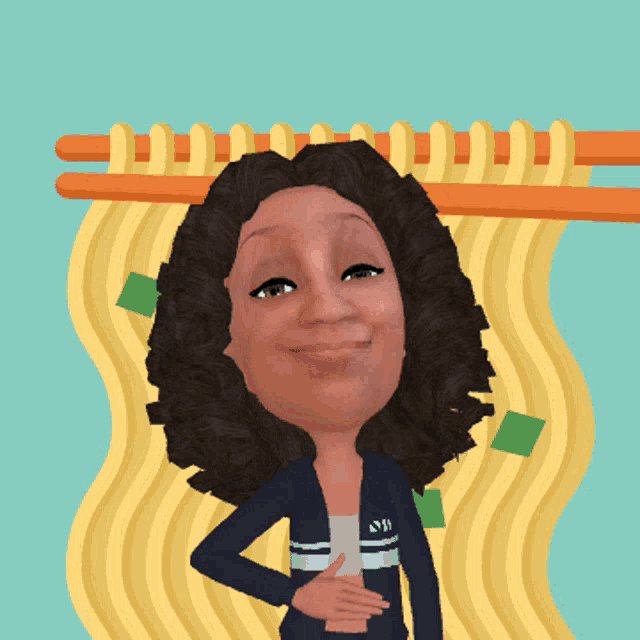 a cartoon drawing of a woman with noodles and chopsticks behind her