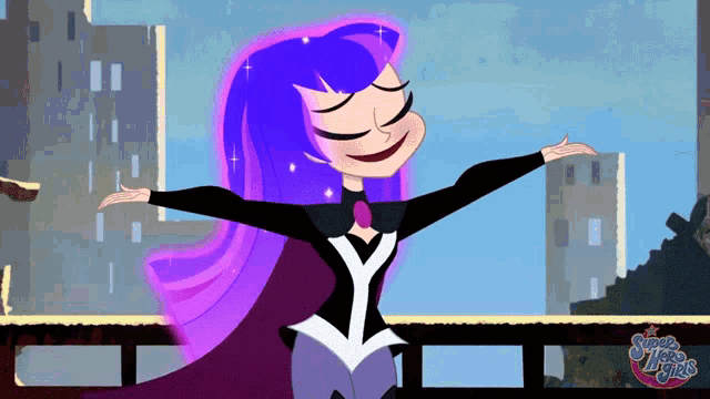 a cartoon of a girl with purple hair and the words super hero girls