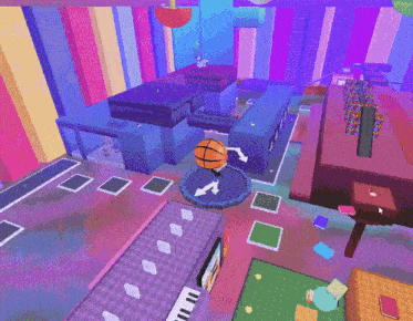 a basketball is being thrown in a colorful room with the number 1 on the floor