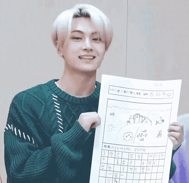 a young man in a green sweater is holding up a piece of paper with a drawing on it