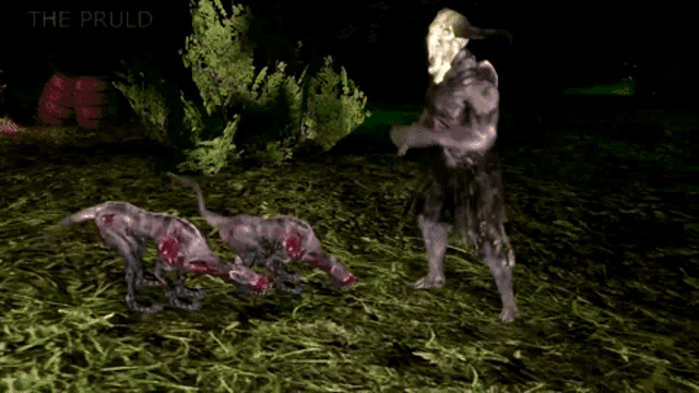 a couple of zombies are walking through a field of grass .