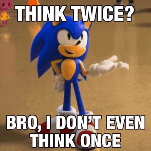 a picture of sonic the hedgehog with a caption that says think twice bro i don 't even think once