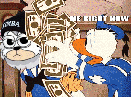 a cartoon of donald duck holding a pile of money with the words me right now above him