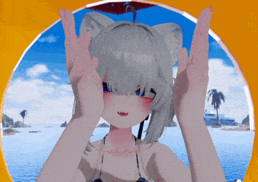 a girl with white hair and a cat ear is making a funny face