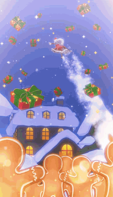 a cartoon of santa flying through the air with presents