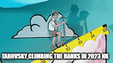 a cartoon of a man climbing a mountain with a ruler and a pickaxe .
