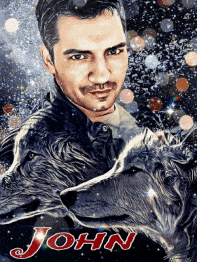 a painting of a man holding a wolf with the name john on it