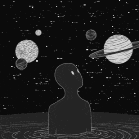 a black and white drawing of a person in the water looking at planets