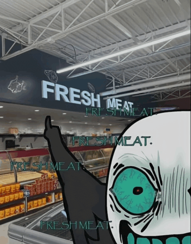 a cartoon drawing of a person pointing at a sign that says " fresh meat "
