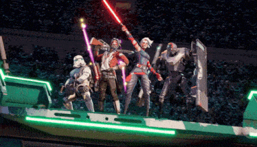 a group of star wars characters are standing on a green platform
