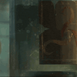 a blurred image of a vase on a table in a room .