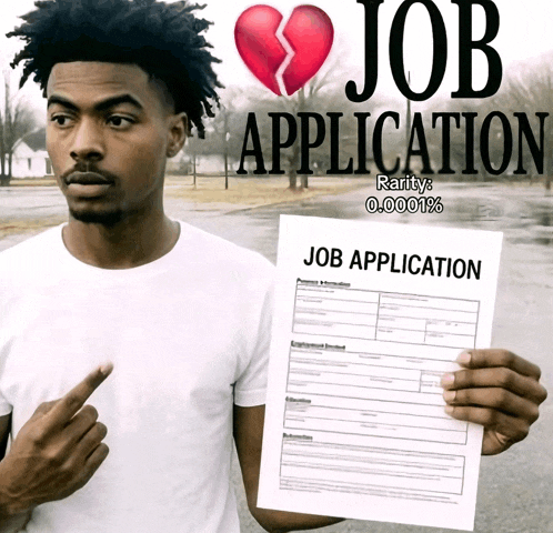 a man holding a job application with a broken heart