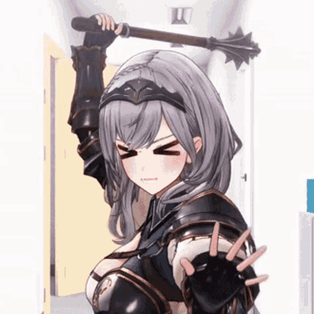a girl in armor is holding a sword over her head