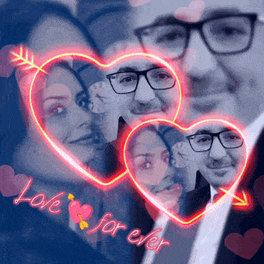 a picture of a man and a woman with hearts and the words love forever