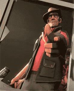 a man wearing a hat and glasses is pointing a gun at the camera
