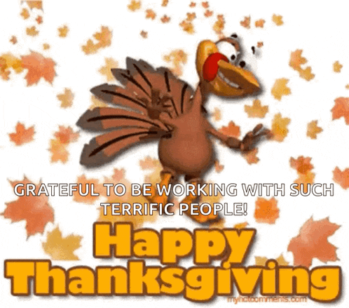 a happy thanksgiving greeting with a cartoon turkey