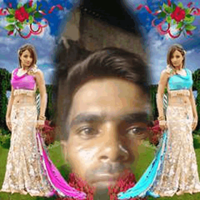 a man 's face is surrounded by two women in dresses