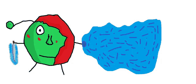 a cartoon drawing of a green and red monster with a blue swirl coming out of its mouth