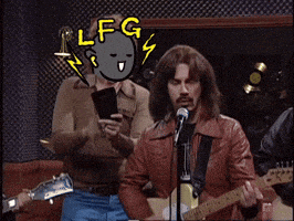 a man playing a guitar in front of a microphone with lfg written on his face