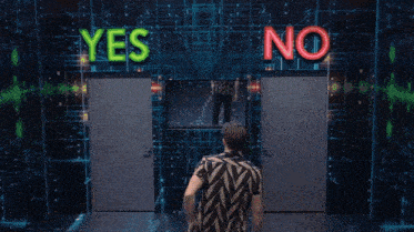 a man stands in front of a sign that says yes or no