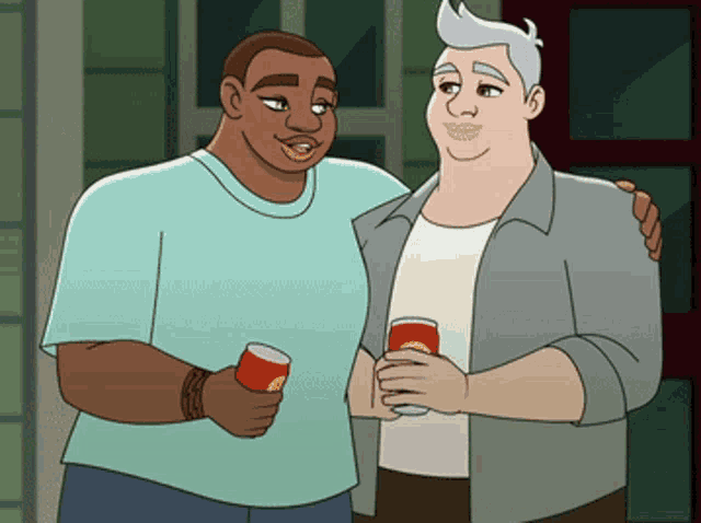 a cartoon of two men standing next to each other with one holding a can of soda