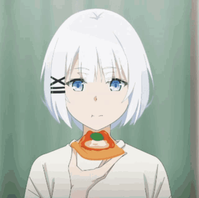 a girl with white hair and blue eyes is holding a slice of pizza in her hand