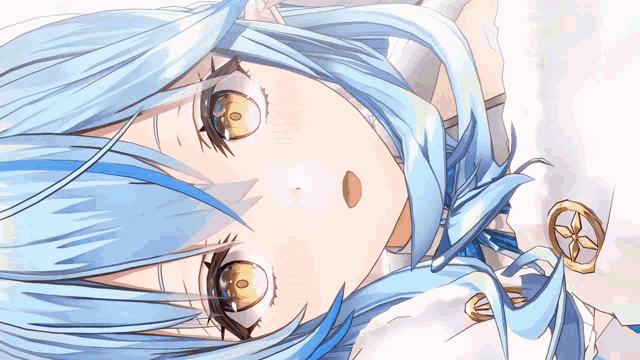 a close up of a anime girl with blue hair
