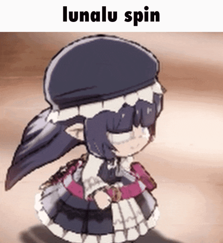 a cartoon of a girl wearing a hat and a dress with the words lunalu spin on the bottom .