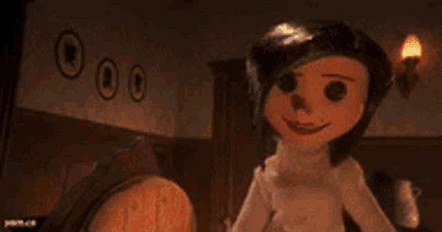 a cartoon character from the movie coraline is standing in a room with a clock .