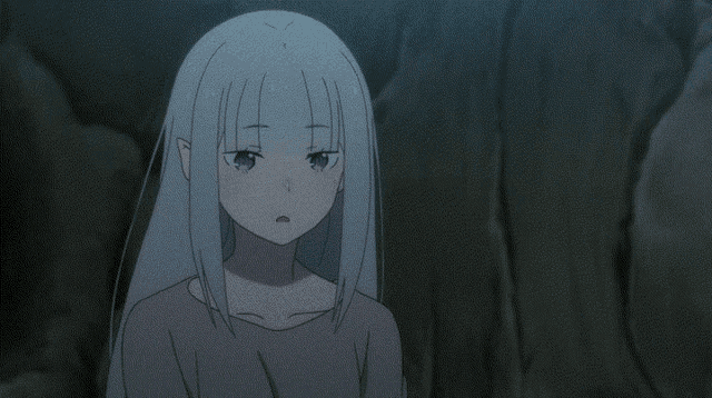 a girl with white hair is covering her mouth with her hand