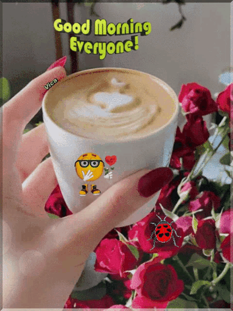 a woman holding a cup of coffee with a ladybug on it and the words good morning everyone