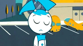 a cartoon character with blue hair and a sad look on her face
