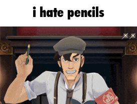 a man in a hat is holding a pencil with the words i hate pencils above him