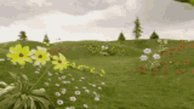a blurred image of a field of flowers and grass