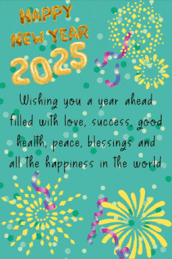 a happy new year greeting card with fireworks and balloons