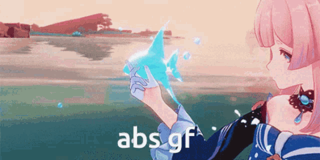 a girl with pink hair is holding a piece of ice and the words abs gf are visible