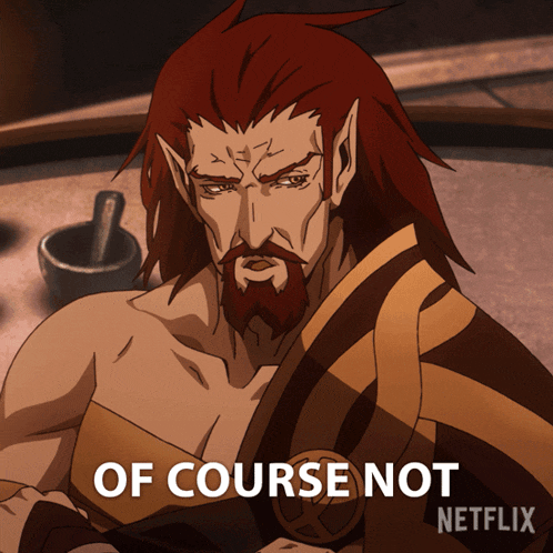 a cartoon character with red hair and a beard says of course not
