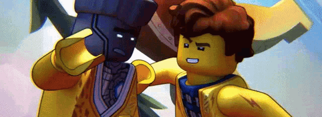 two lego ninjago characters are standing next to each other in a cartoon .