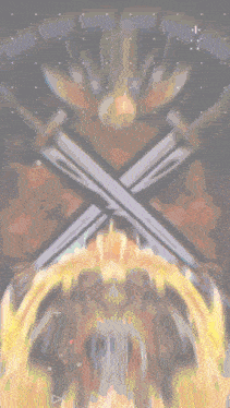 a drawing of two crossed swords and a crown with the letter b in the middle