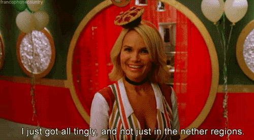 a woman with a pie on her head and the words " i just got all tingly and not just in the nether regions "